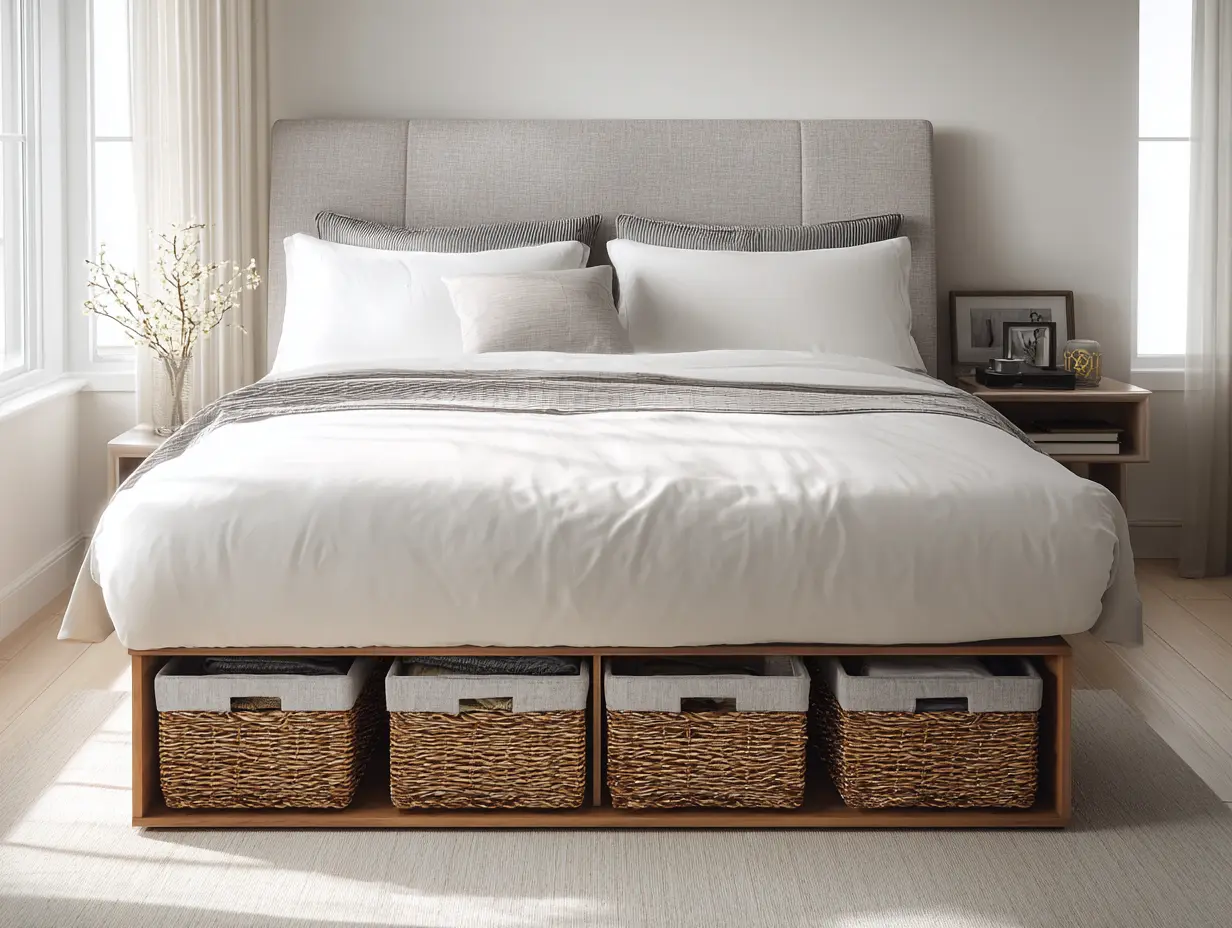 Queen bed styled for airbnb hosting tips with crisp white bedding and two labeled under-bed storage baskets that keep guest accommodation organized but hidden
