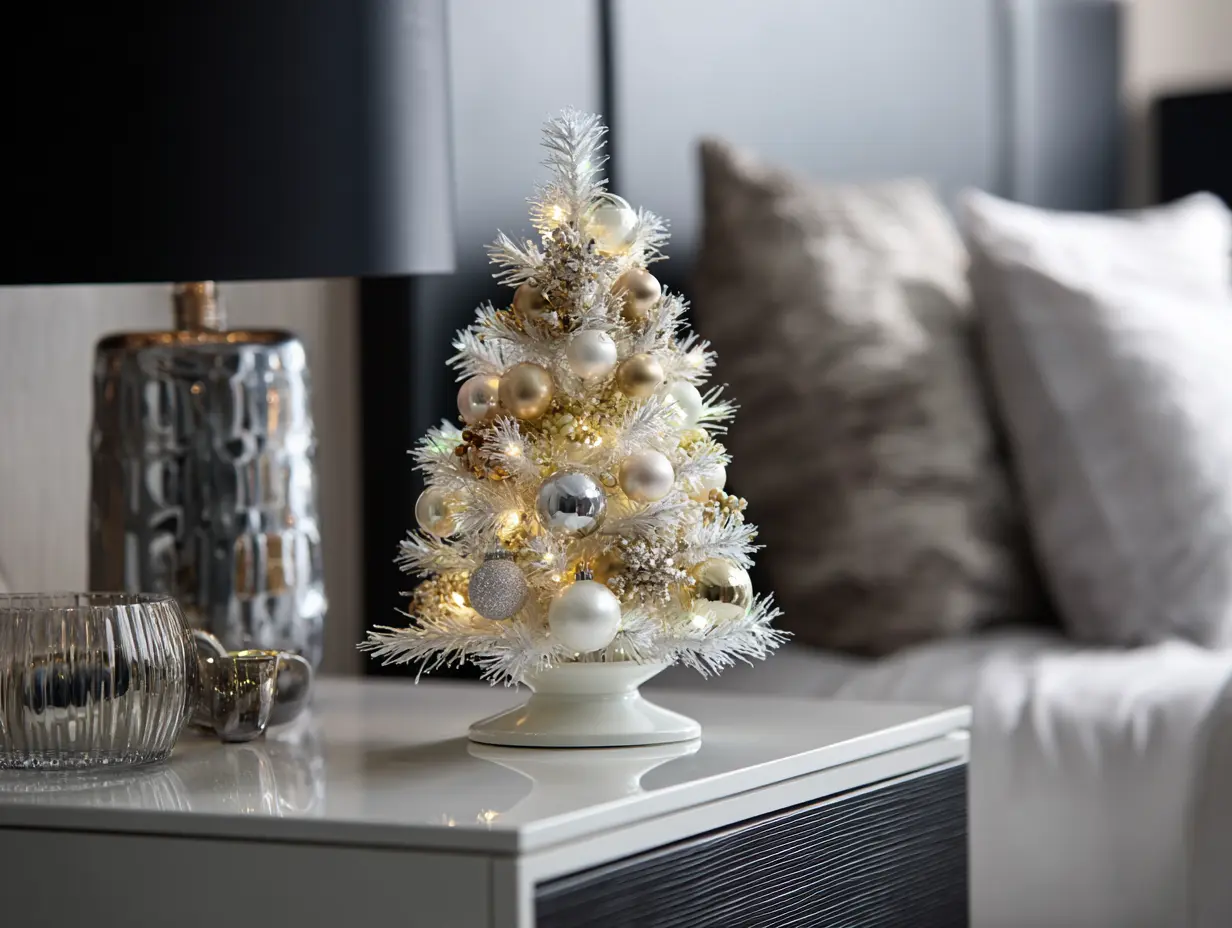 Best tabletop artificial Christmas trees styled on a sleek nightstand with crisp LED lights, champagne and ivory ornaments, polished base, and bold modern bedroom backdrop — statement holiday decor for small spaces