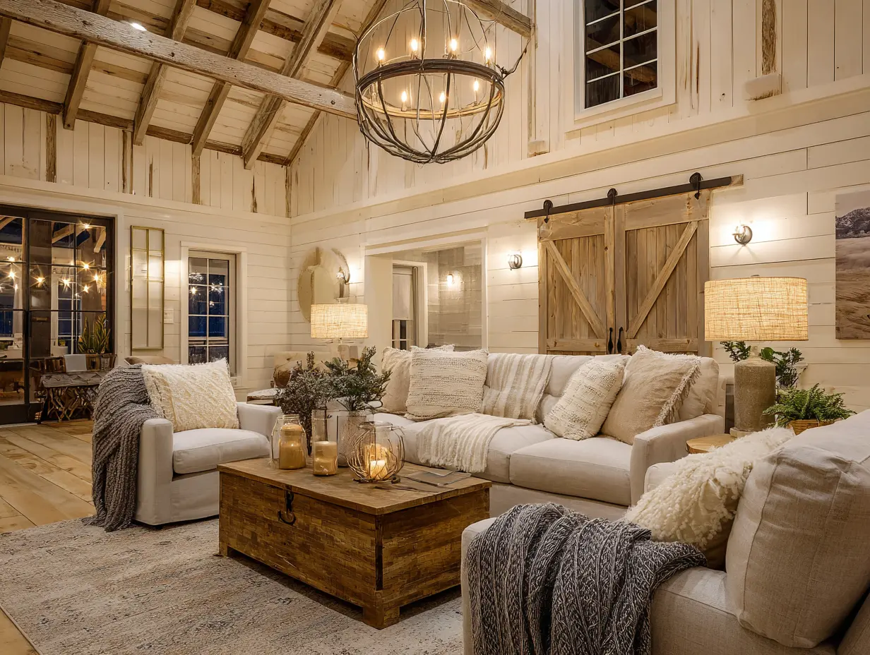Modern barn-style living room with a sculptural circular chandelier, exposed rafters, soft white sofas, and layered neutral textures, showcasing how artistic lighting can anchor a space with presence and warmth.