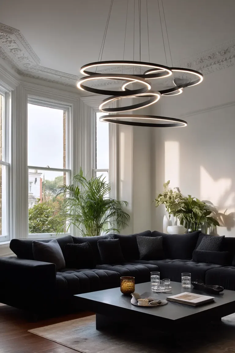 Modern living room with sculptural ring chandelier, black tufted sectional, minimalist black coffee table, and lush indoor plants by tall bay windows.