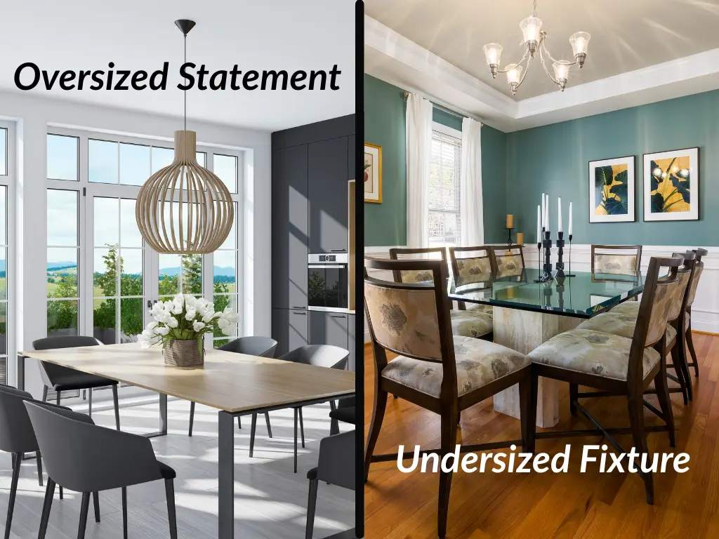Side-by-side comparison of dining rooms showing chandelier scale — left with an oversized statement pendant anchoring the table, right with an undersized fixture that looks out of proportion.