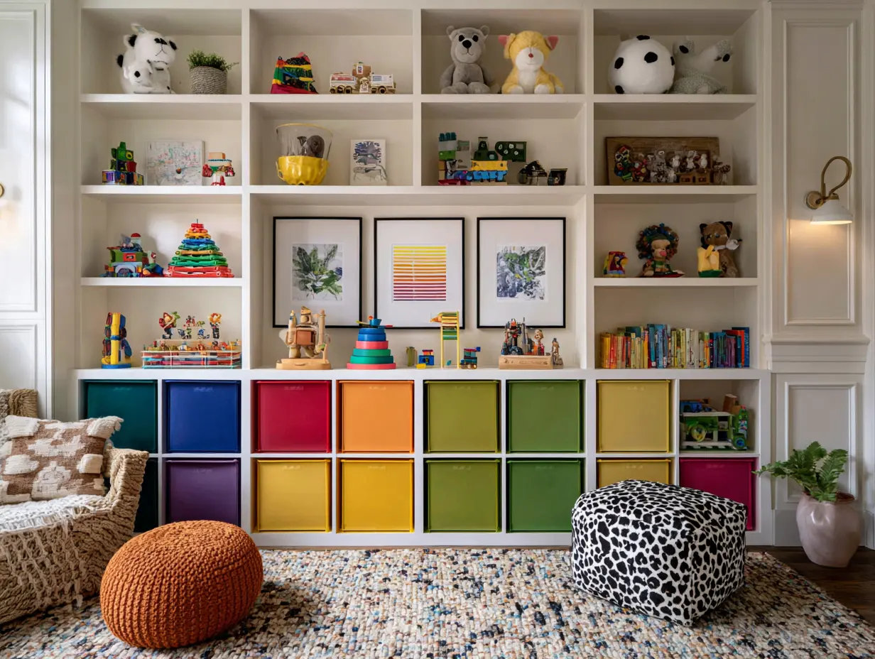 Cozy kids’ playroom showing genius kids organization hacks with colorful cube shelves, labeled bins, and a 12-bin toy organizer — vibrant, layered, photo-realistic editorial style.