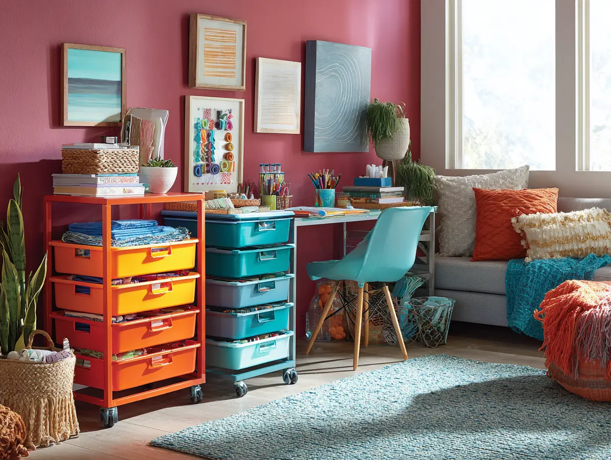Editorial-style craft station with layered bins, a rolling cart, and bold pops of color — cozy, vibrant, and Pinterest-worthy.