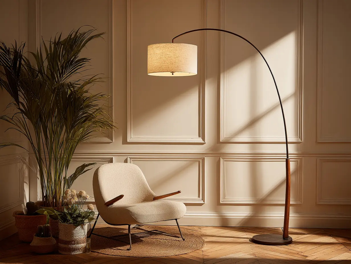 Arched floor lamp with sculptural base standing beside a curved reading chair in a styled corner
