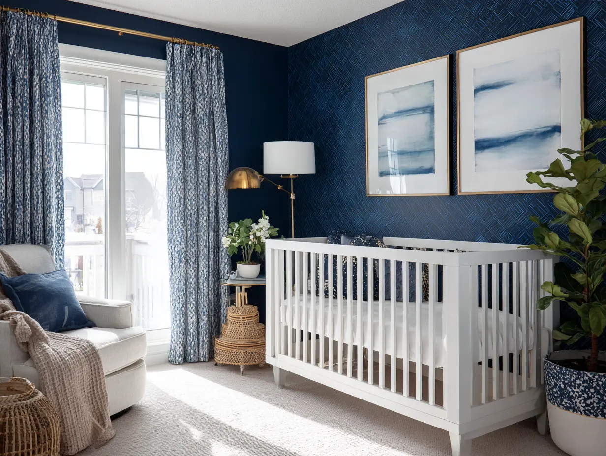 Nautical Nursery Ideas with bold walls with navy blue peel-and-stick wallpaper, white crib, and brass lamp accents in a modern baby room.