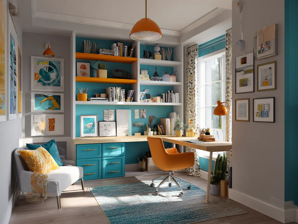 Homework station with layered storage bins, and pops of bright color — cozy, vibrant, editorial magazine vibe.