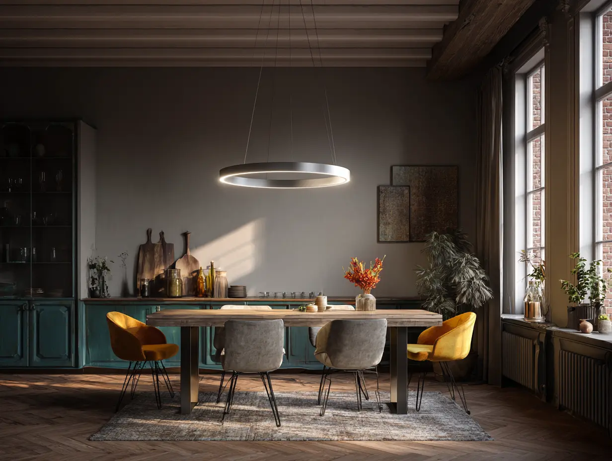 Brushed-aluminum LED ring pendant hanging above a styled dining room table in a warm, cozy interior