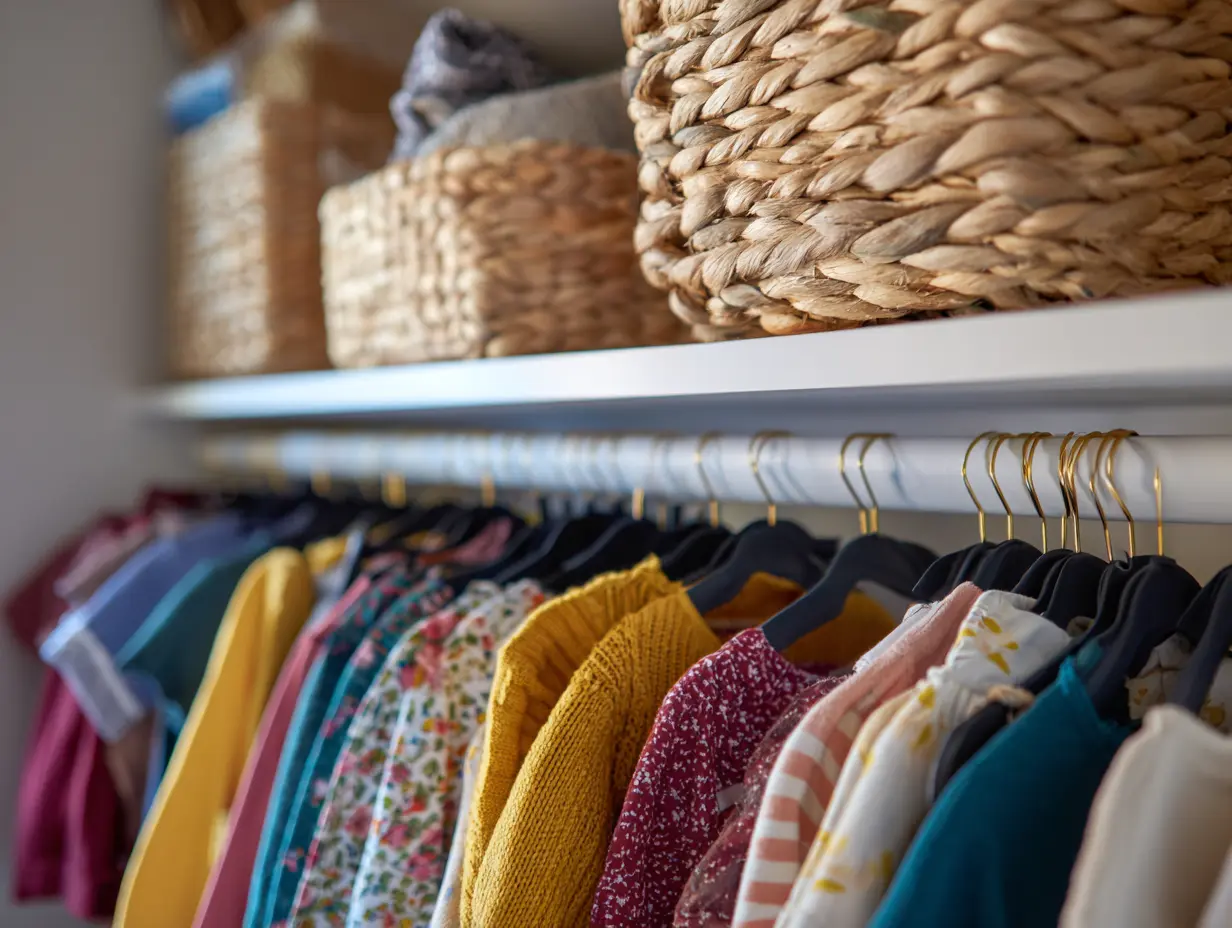 Close-up of an organized kids’ closet with colorful clothes neatly hung on slim black velvet hangers, woven storage baskets on the top shelf, and soft natural lighting for a cozy, modern look.