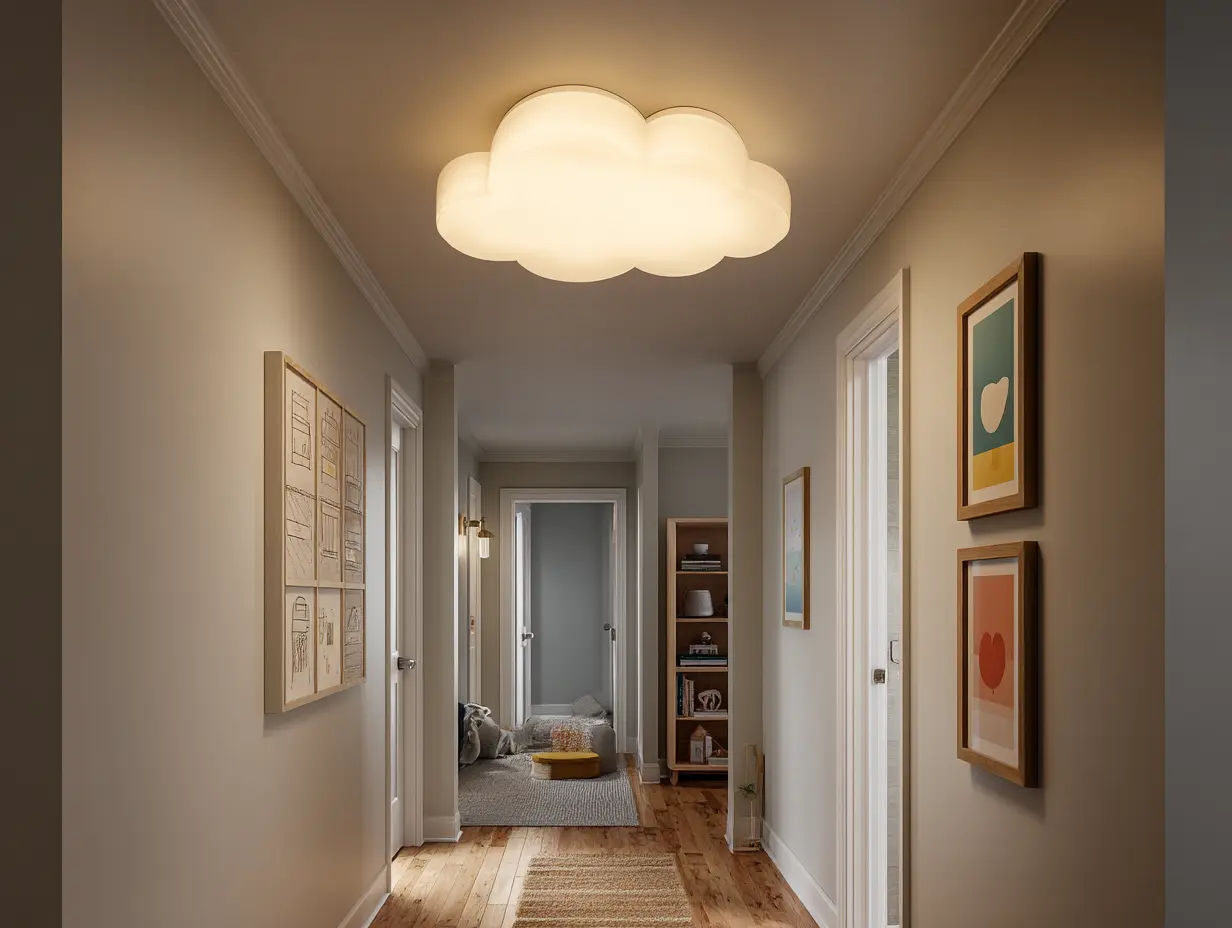 Cloud-shaped flush mount ceiling light in a softly lit hallway with minimalist accents.