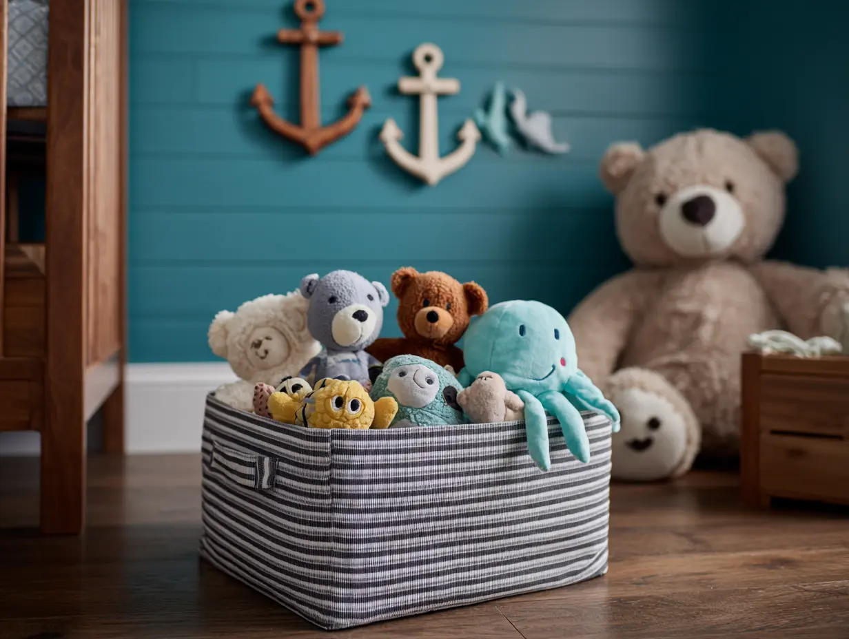 Coastal baby room with rope storage baskets, anchor wall hooks, and wooden toy chest styled for a beach themed baby room.