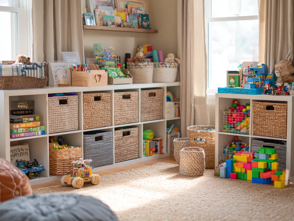 Cozy small space with stacked storage bins, foldable furniture, and layered shelves — vibrant, textured, photo-realistic editorial vibe.