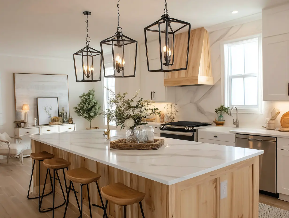Hexagonal matt black pendant light hanging in a modern white kitchen with wood accents. 