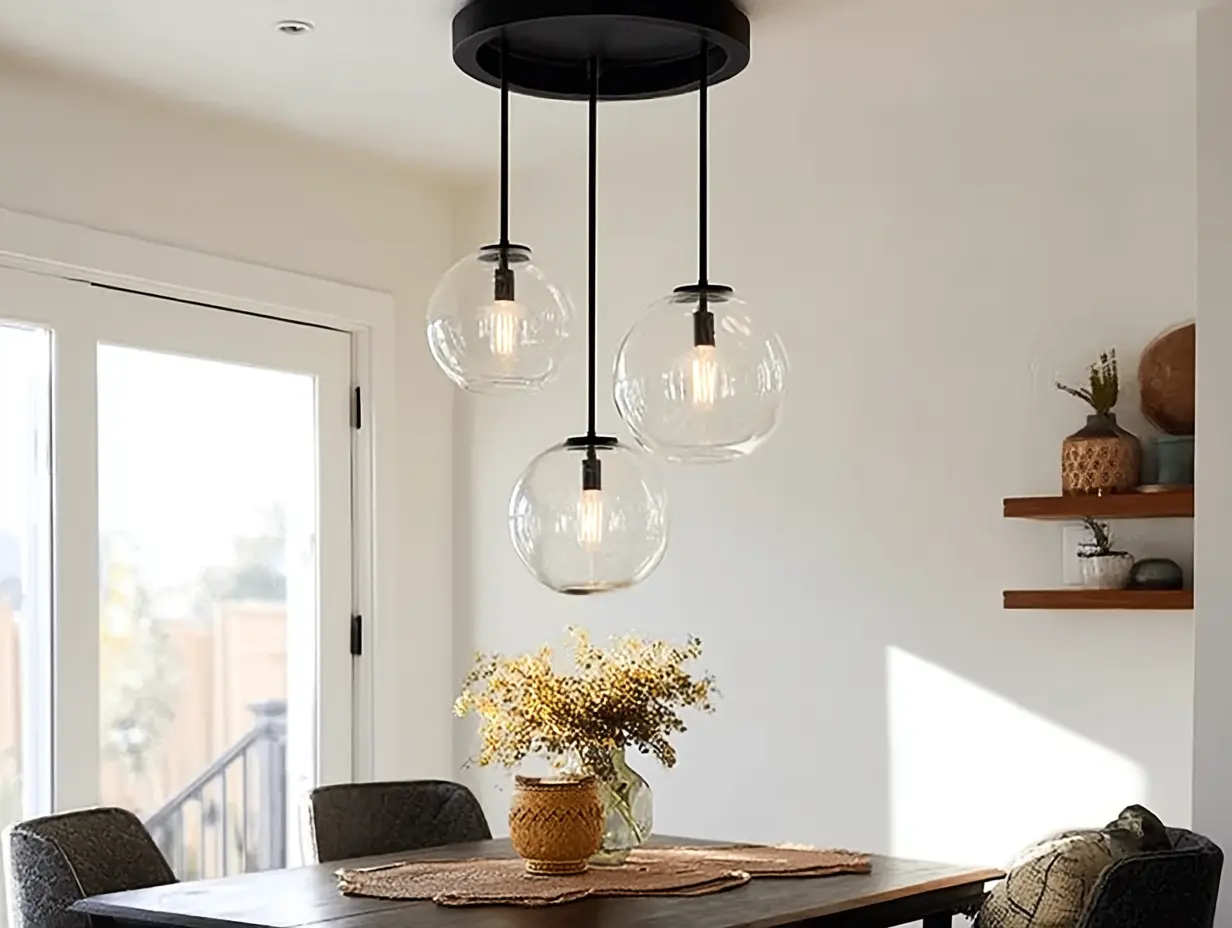 Matte black sculptural chandelier with globe lights centered above a wood dining table in a modern neutral-toned room