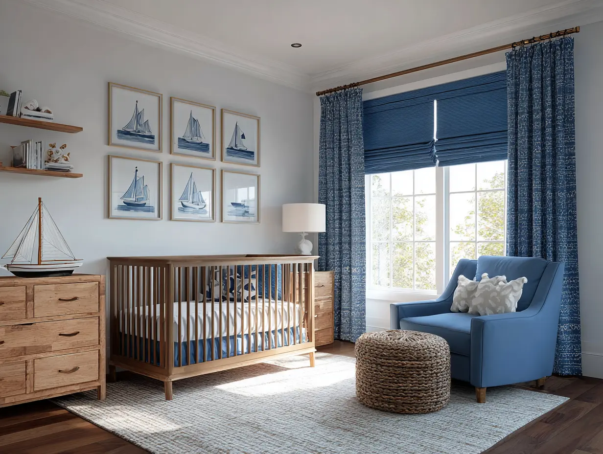 Baby room safety tips styled in a nautical nursery with anchored dresser, cordless blinds, and rounded-edge furniture in a modern coastal design.