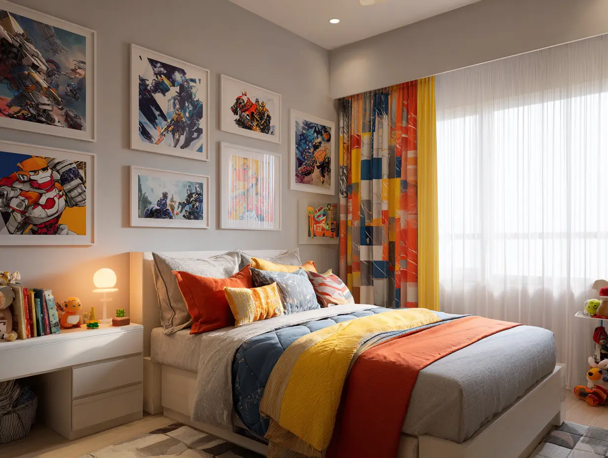 Bold and colorful kids' bedroom with superhero wall art, layered bedding in orange, yellow, and blue, geometric patterned curtains, and playful decor accents for a vibrant, cozy vibe.