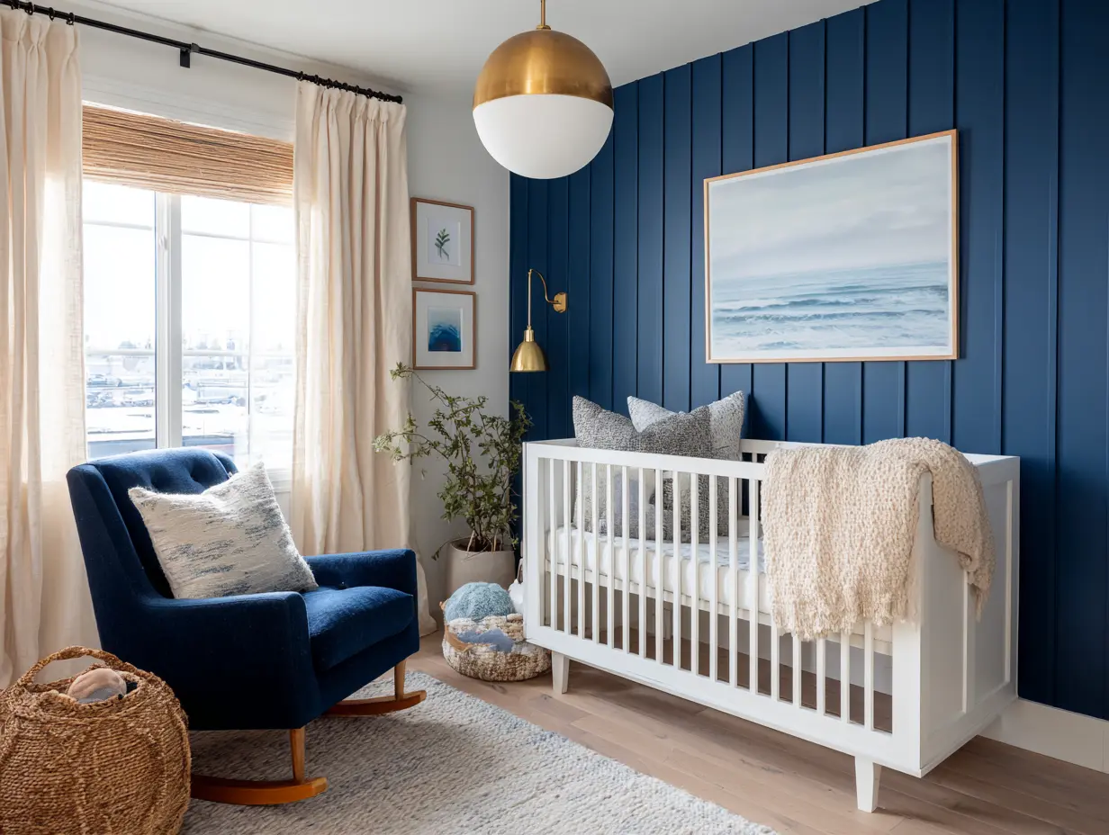 Blue nursery with coastal-inspired crib, brass pendant lighting, and navy rocking chair in a modern ocean-themed baby room.