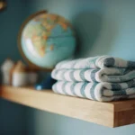 Nautical nursery with folded small striped baby blankets on a shelf with a globe.