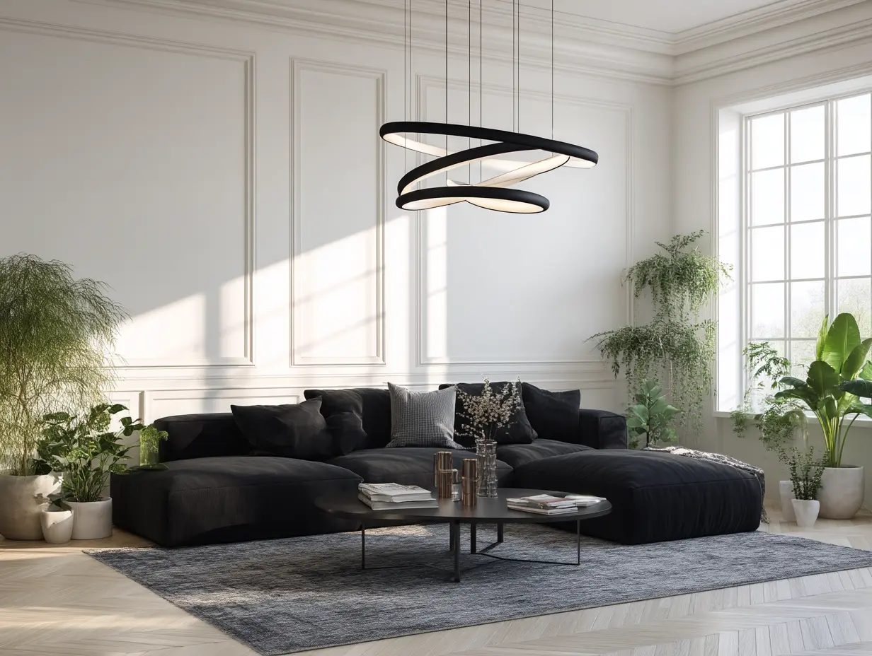 Matte black sculptural LED dome pendant hanging above a modern dining table with neutral-toned decor