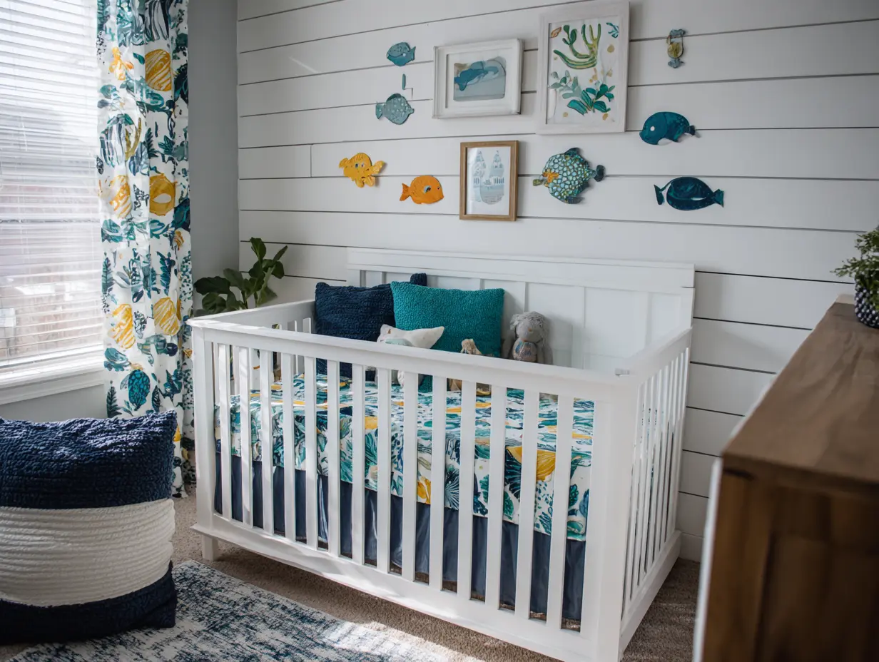 Nautical nursery inspiration with shiplap walls, crisp white crib, and playful ocean-themed wall art in a bright coastal baby room.