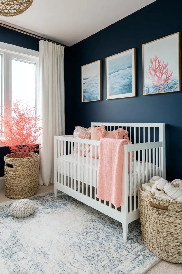 Modern nautical nursery with deep navy blue walls, white crib, coral-inspired wall art, and pink accents for a bold coastal baby room.