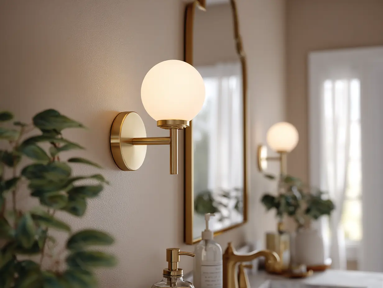 Pair of brushed brass wall sconces with frosted globes mounted beside a mirror on a light-toned wall