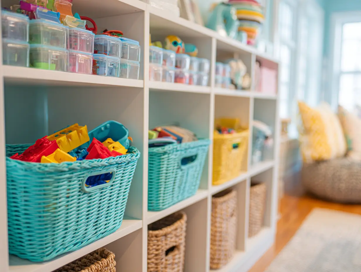 Bright playroom with colorful bins, cozy book nook, and layered textures — vibrant, Pinterest-worthy editorial vibe.