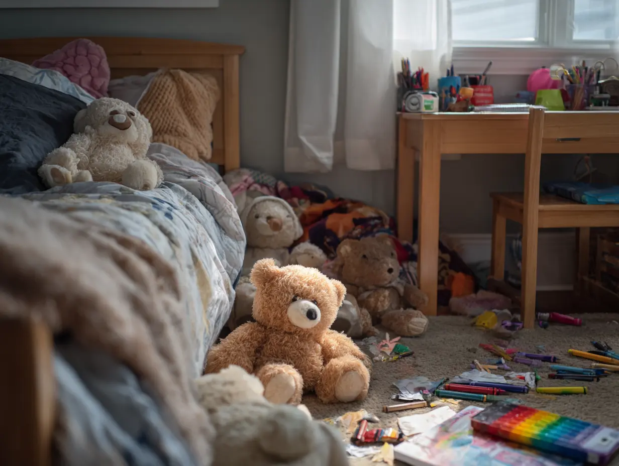 Kids’ bedroom with mild chaos — a few toys scattered on the floor, stuffed animals lounging on the bed, crayons and markers slightly out of place on a small desk, cozy layered bedding, vibrant accents, natural lighting, lived-in and relatable.