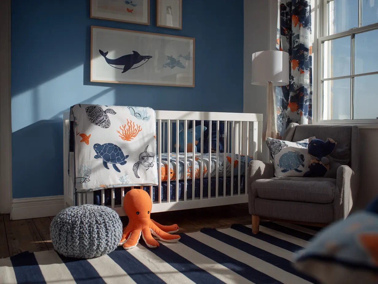 Ocean-inspired nursery bedding with sea life crib set, navy striped rug, and plush octopus pillow in a coastal baby room.