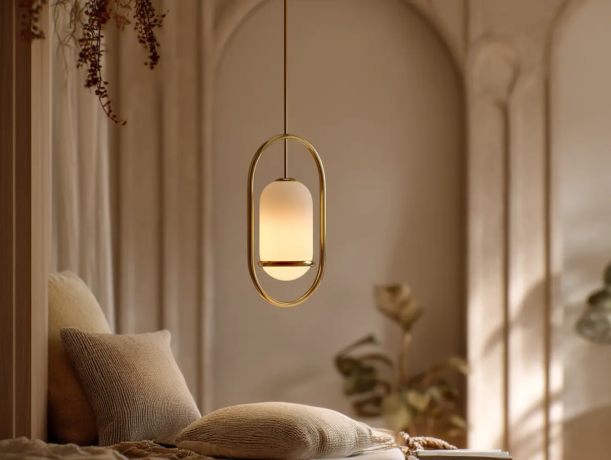 Sculptural brass dome pendant light hanging above a reading nook with layered neutral textiles
