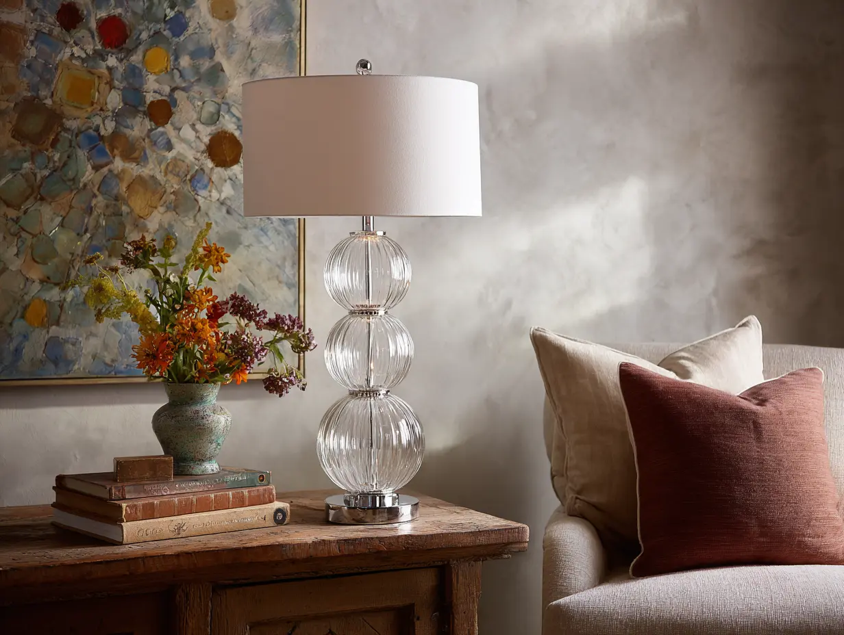 Stacked glass globe table lamp on a styled side table with layered decor, soft lighting, and a neutral armchair nearby