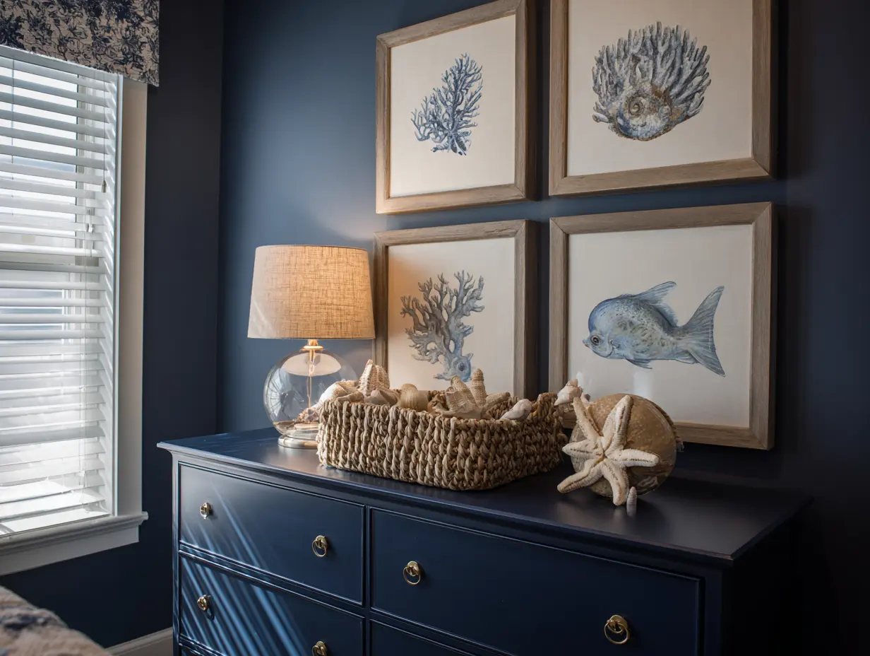 Under the sea nursery with framed ocean life wall prints, navy dresser, and coastal accents in a modern sea creature nursery.