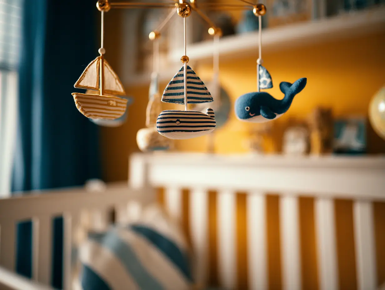 Under the sea nursery with nautical crib mobile, globe shelf decor, and striped blanket accents for a modern coastal baby room.