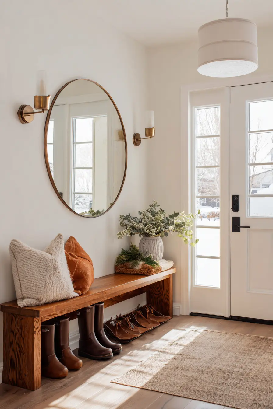 Bright winter entryway with a round wall mirror, modern sconces, wooden bench decorated with pillows and greenery, boots neatly stored underneath, and natural light streaming through glass-paned front door.
