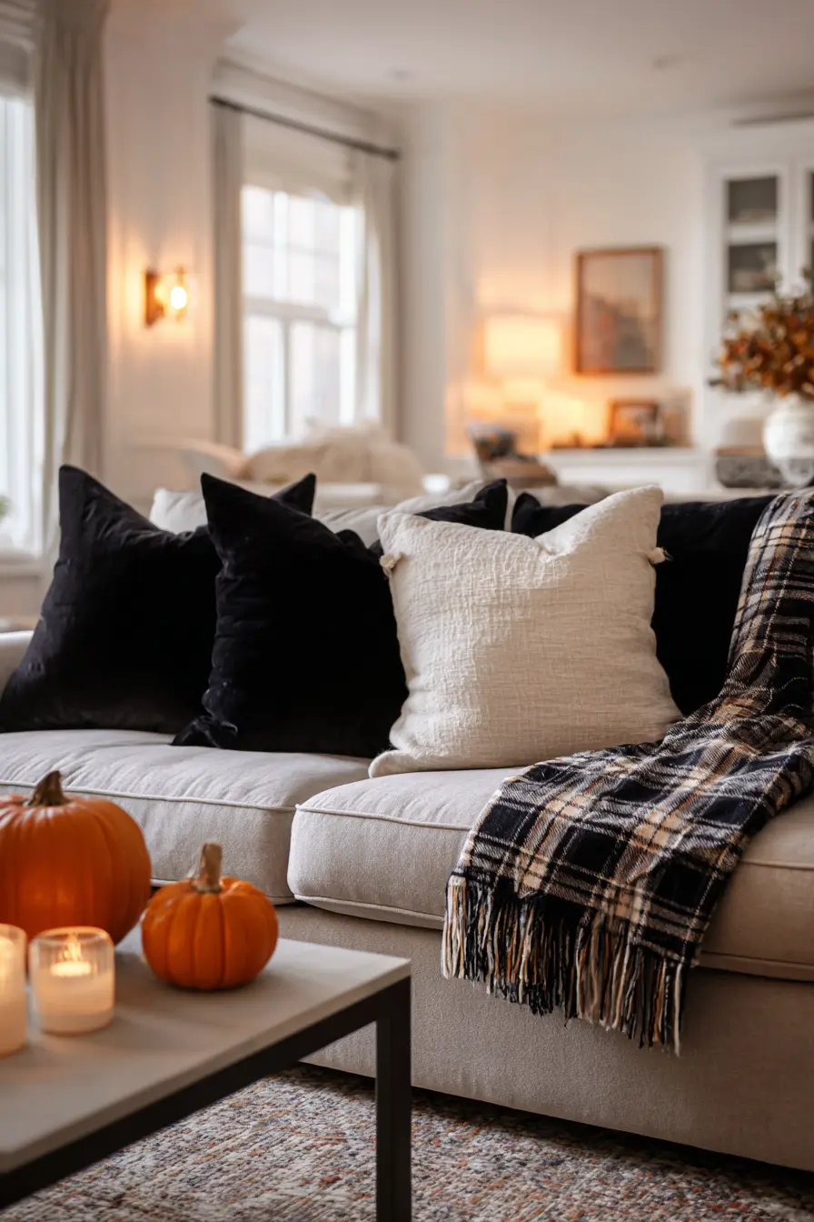 Cozy living room showcasing subtle spooky home decor with black velvet and cream pillows, plaid throw blanket, small orange pumpkins on coffee table with LED candles, warm ambient lighting creating inviting Halloween atmosphere without clutter
