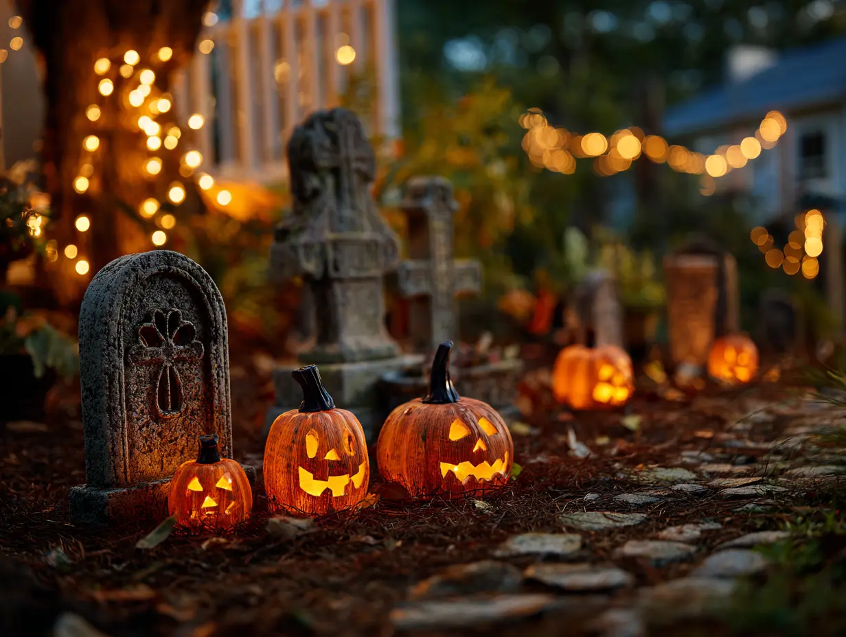 Outdoor Halloween display with visible waterproof details (plastic pumpkins, resin tombstones, LED lights