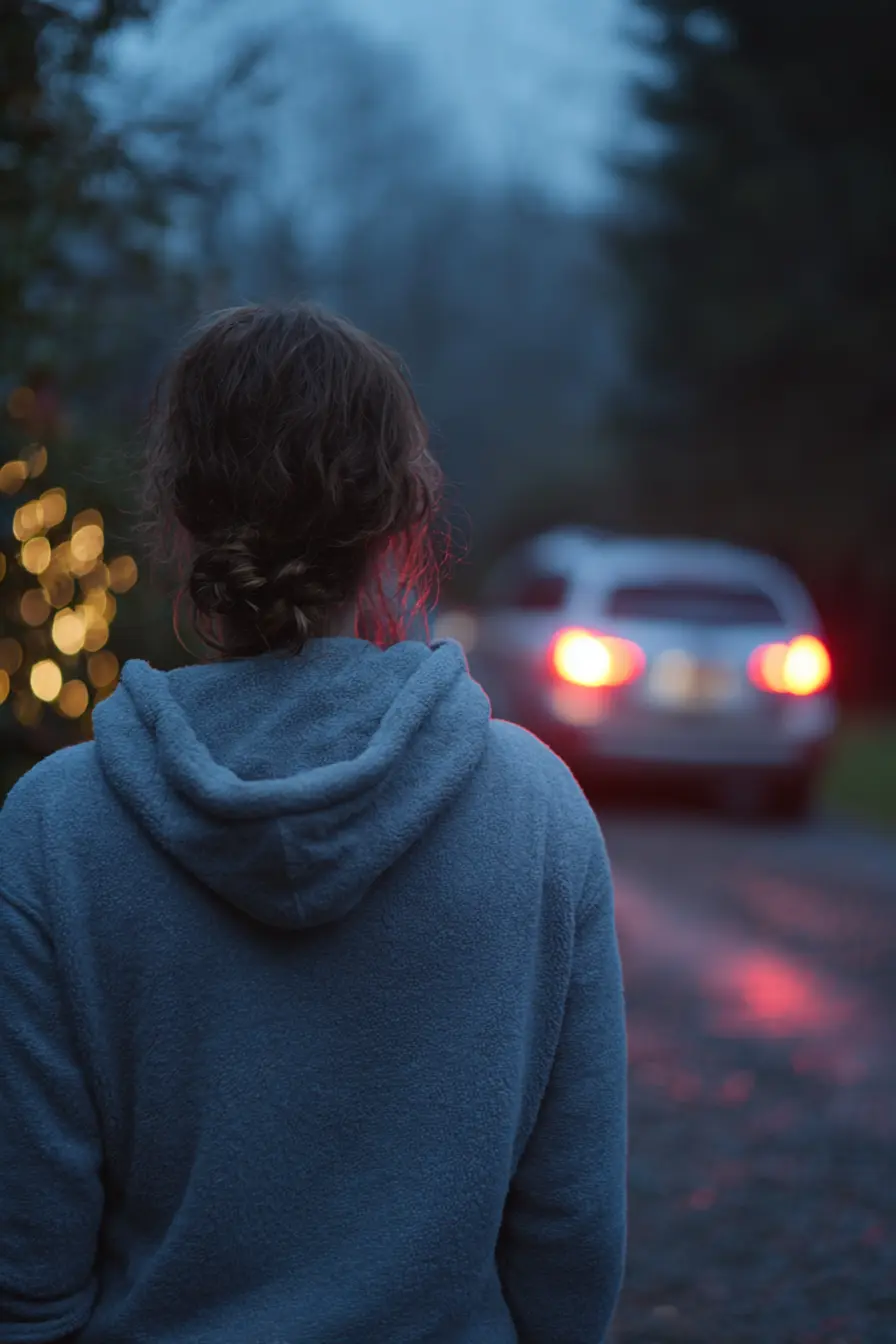 Mom standing in driveway watching child pull out