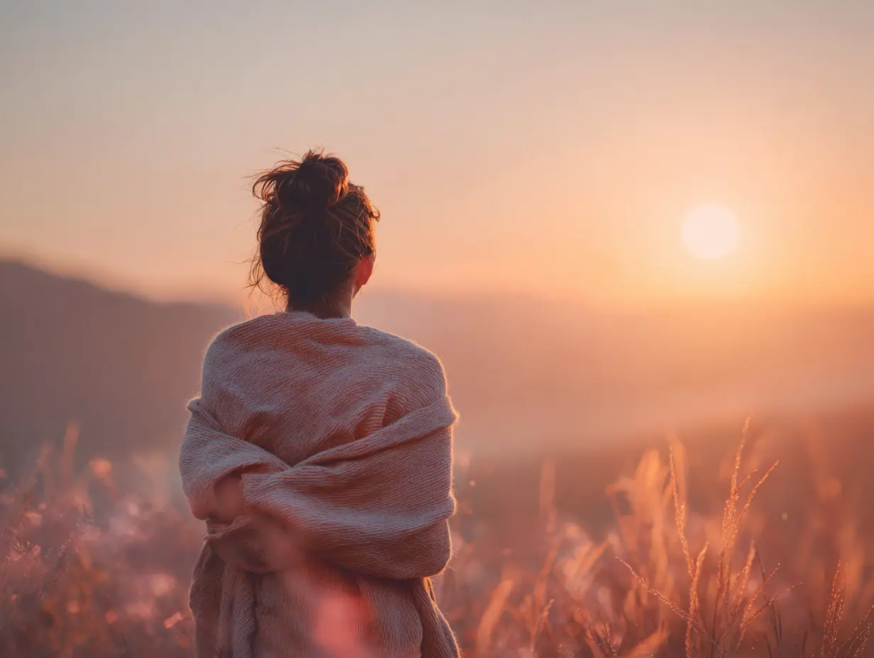 Emotional sunset with women staring out the vast