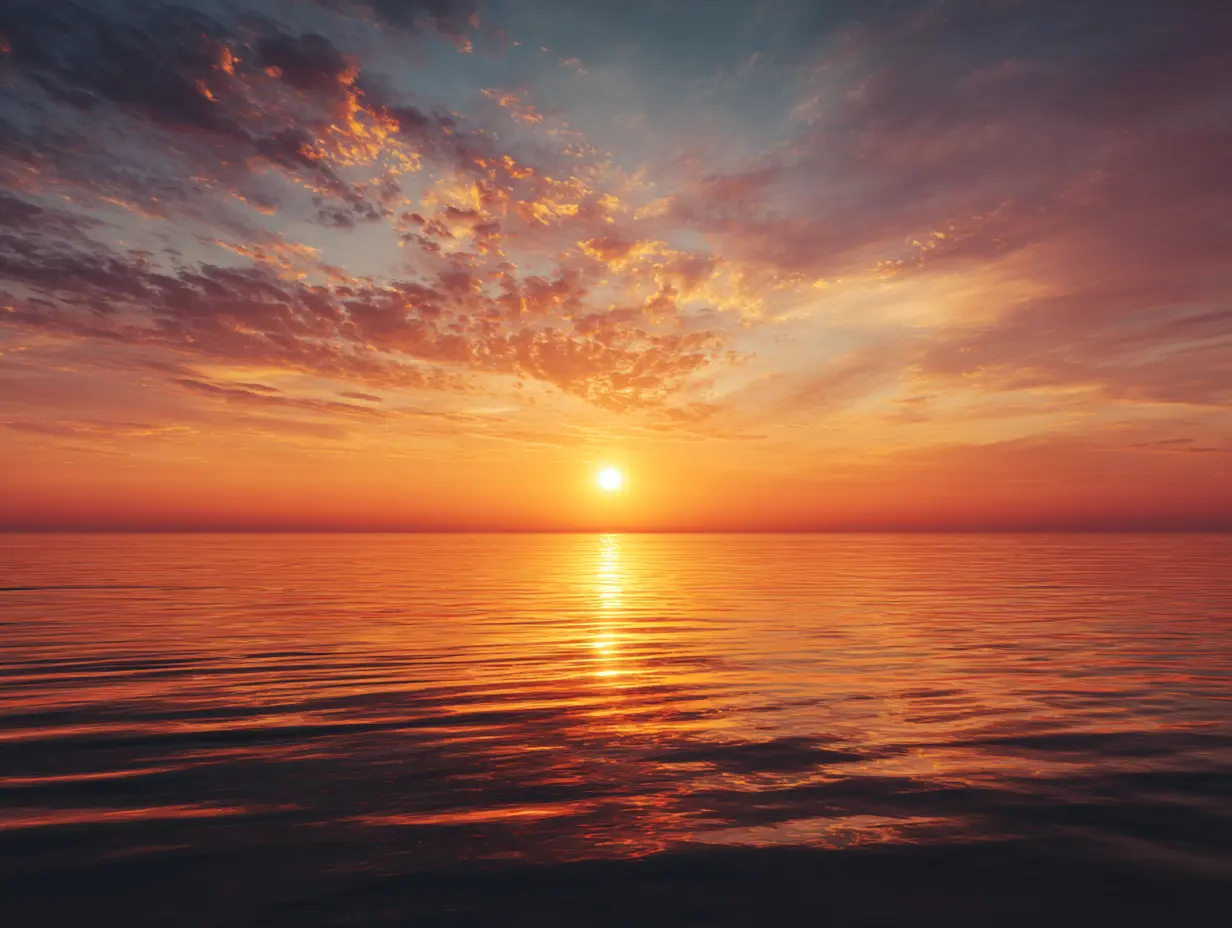 Golden sunset over calm ocean horizon