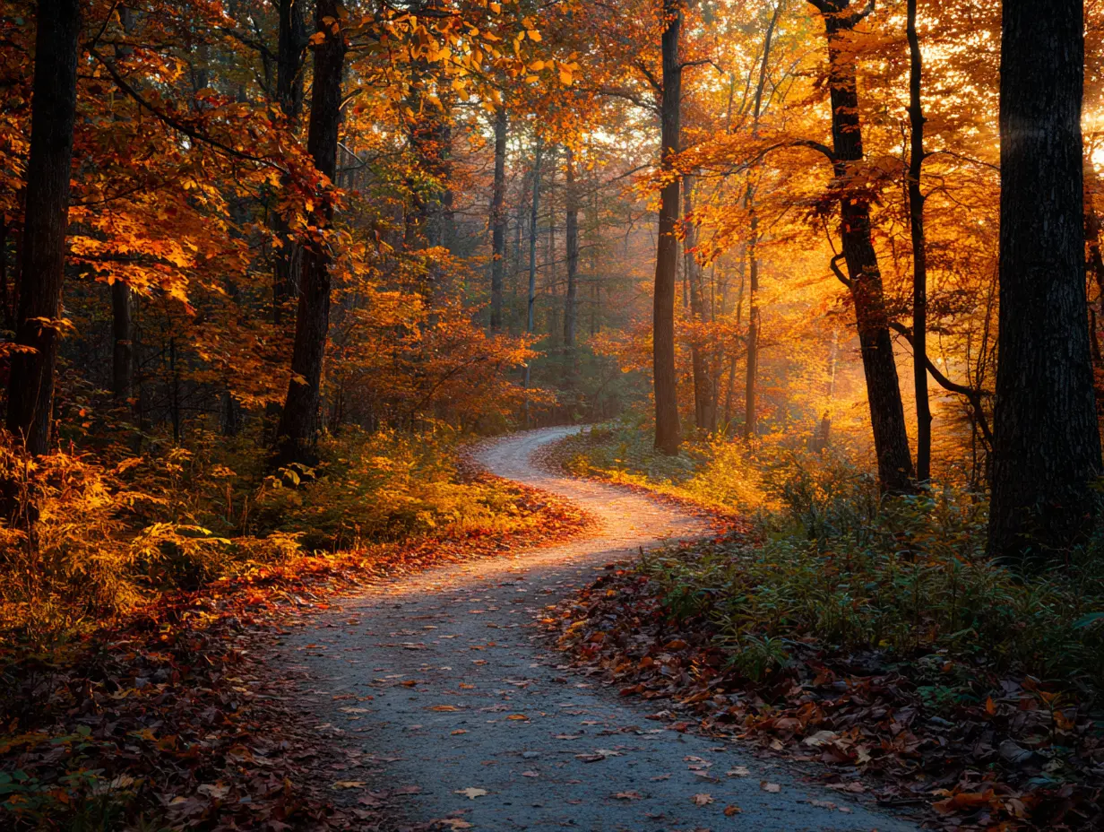 Winding path through autumn forest reflecting on mental health.