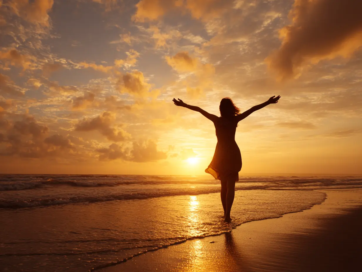 Woman walking on beach at sunrise arms open wide
