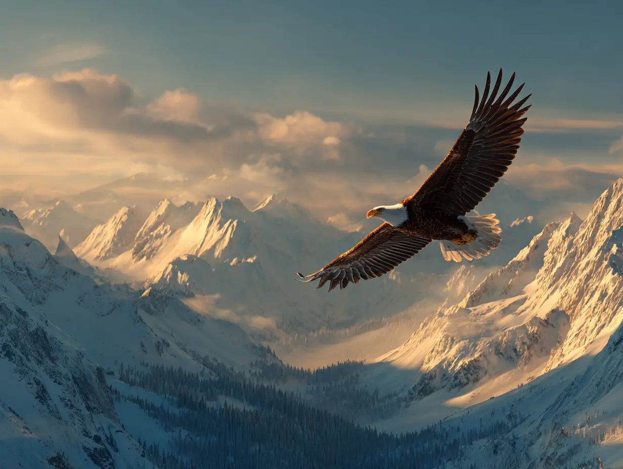 Majestic eagle soaring over snow-covered mountain peaks symbolizing strength, wisdom, and the truth that you are enough despite life's challenges.