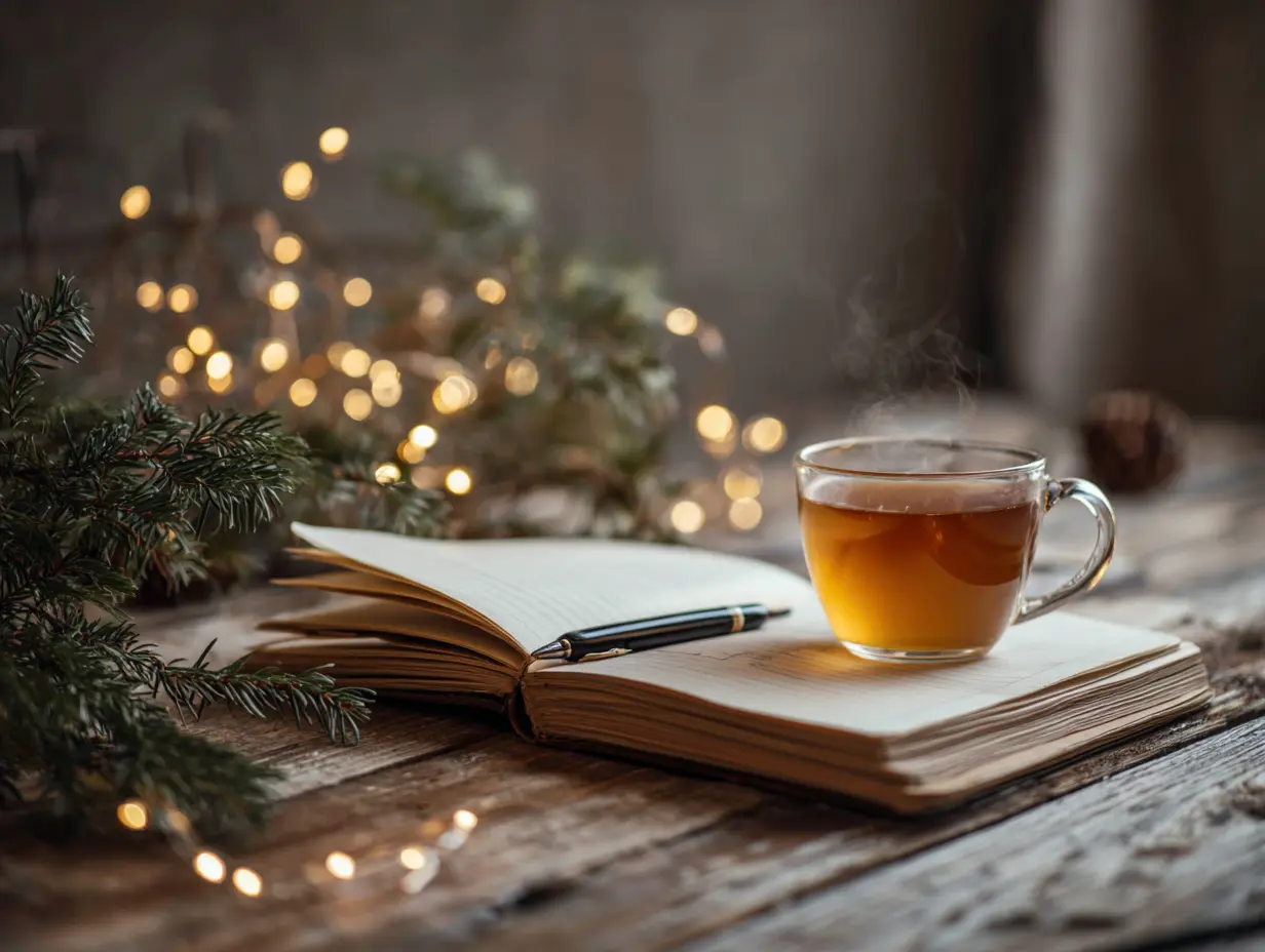 Cozy winter journal with steaming tea and twinkling Christmas lights on wooden table, representing peaceful self-reflection and the reminder that you are enough despite past mistakes.