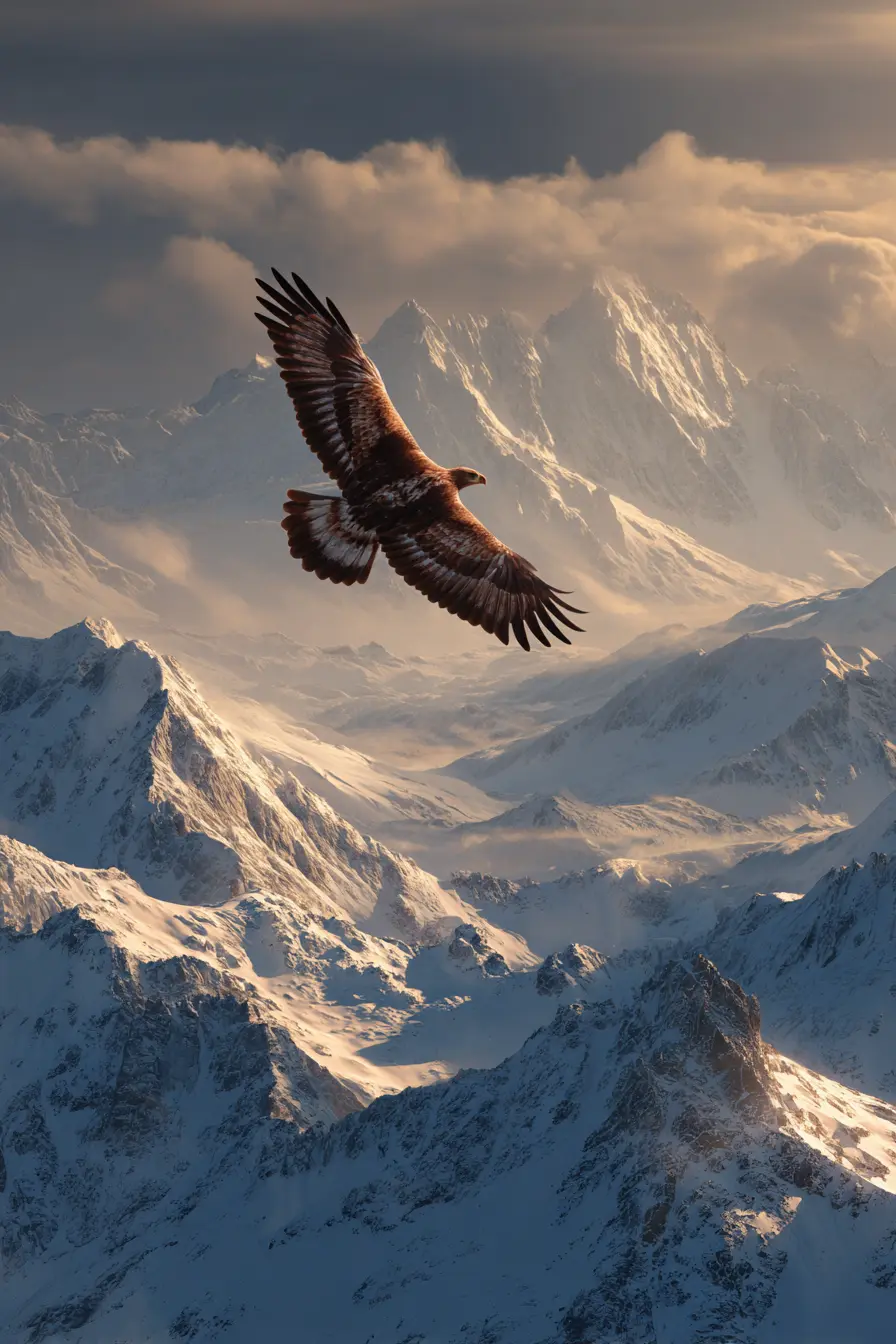 Majestic eagle soaring over snow-covered mountain peaks symbolizing strength, wisdom, and the truth that you are enough despite life's challenges.