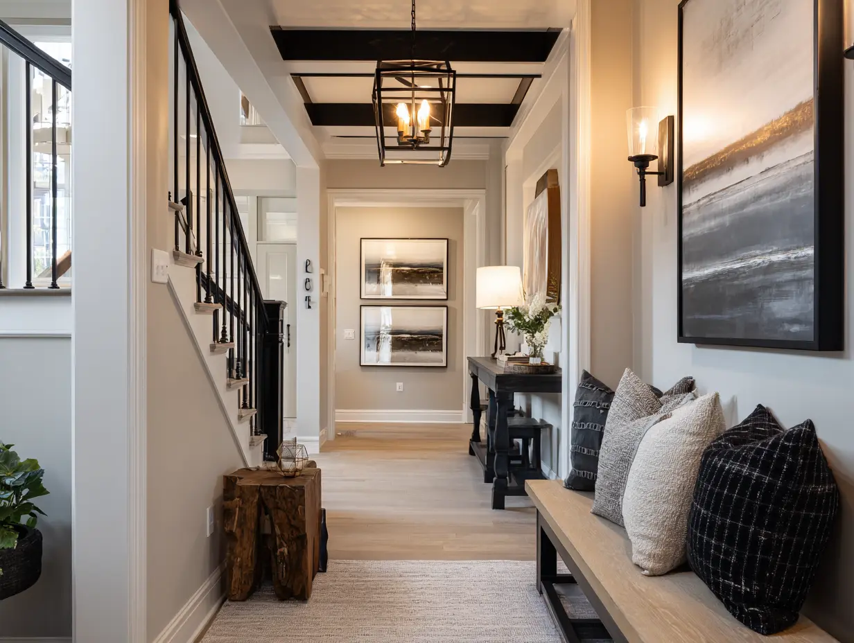 Entry space elevated with black accents, black frames and lighting, neutral walls, and warm lighting creating balance.