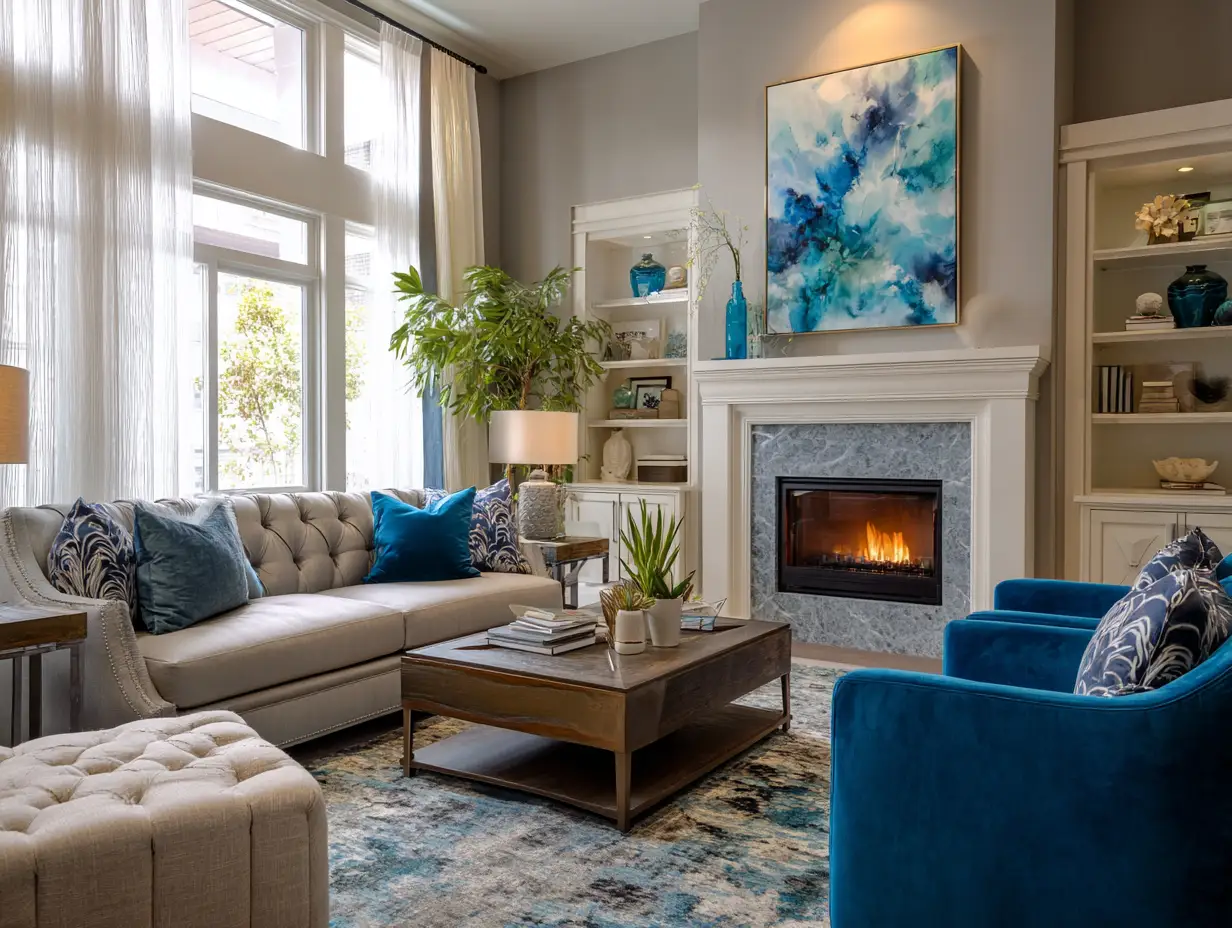 Residential living room designed with blue as a confidence color, structured furniture, neutral palette, blue accents adding depth, and warm lighting balancing the space.
