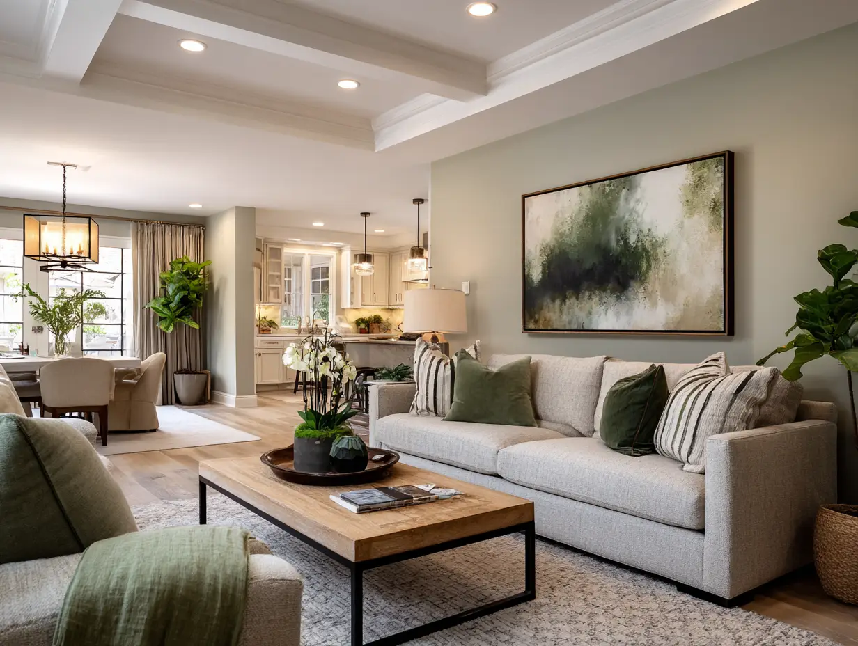 Green living space that feels calm and breathable, green accents balanced with neutrals, warm lighting, and realistic home details