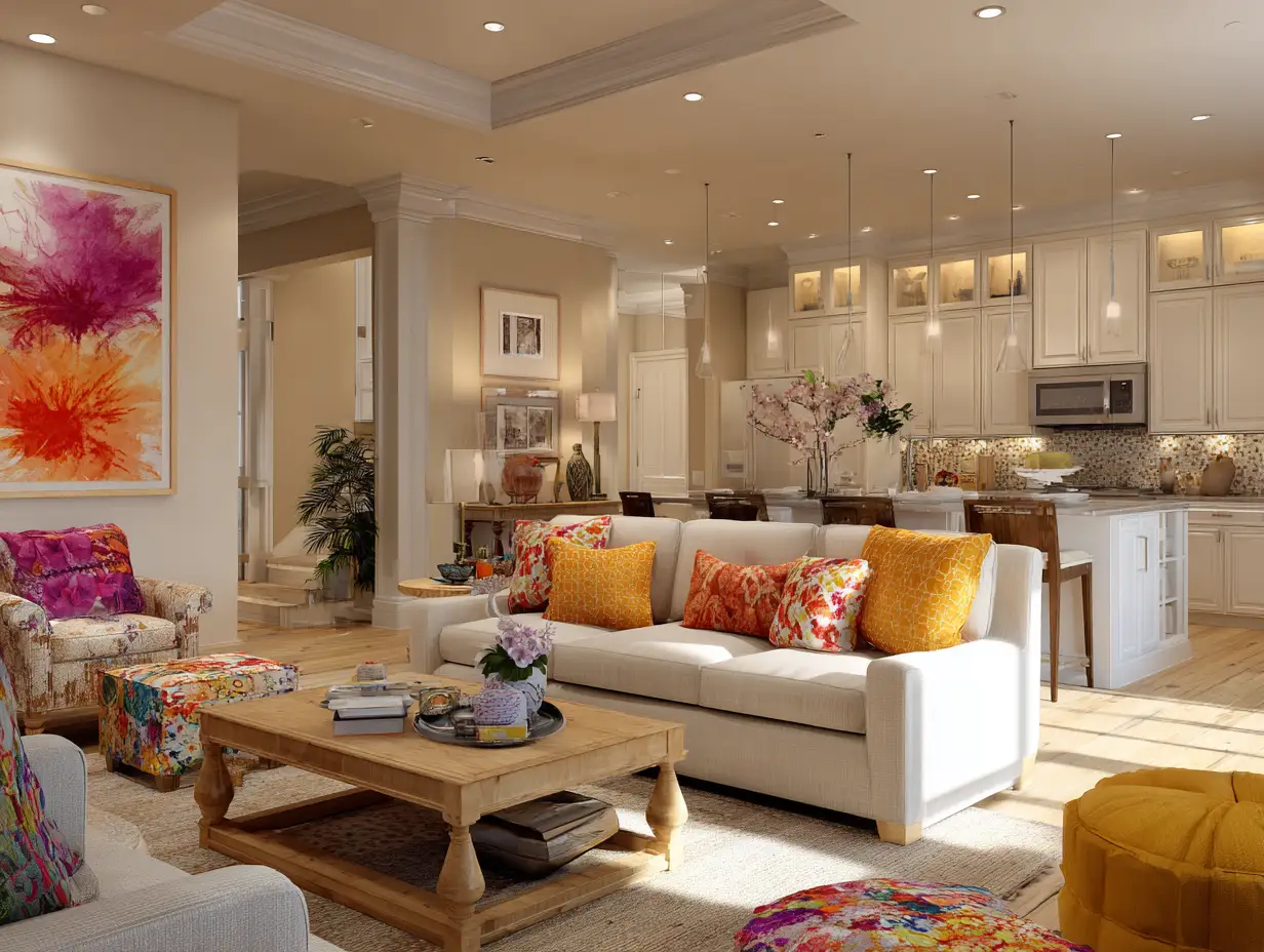 Open living room with neutral furniture styled using colorful pillows, bold artwork, and decor to show how colors in home can feel expressive and lively without permanent paint or renovations.