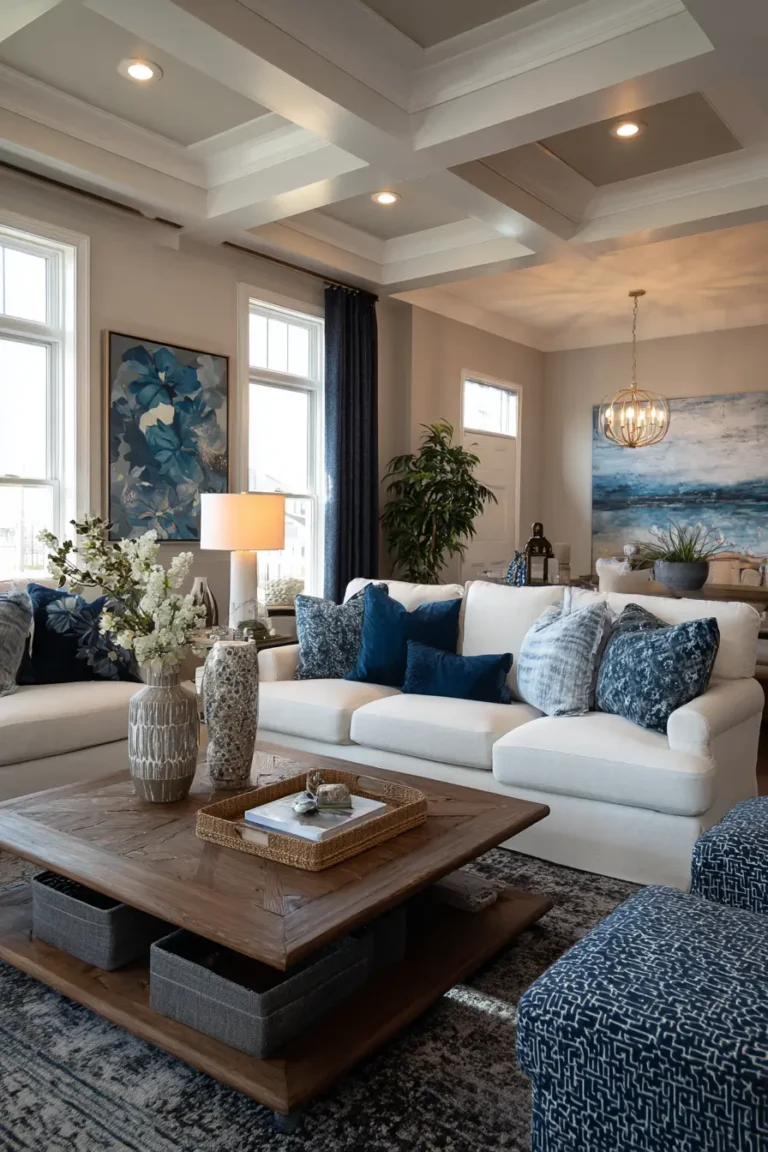 Residential living room designed with blue as a confidence color, structured furniture, neutral palette, blue accents adding depth.
