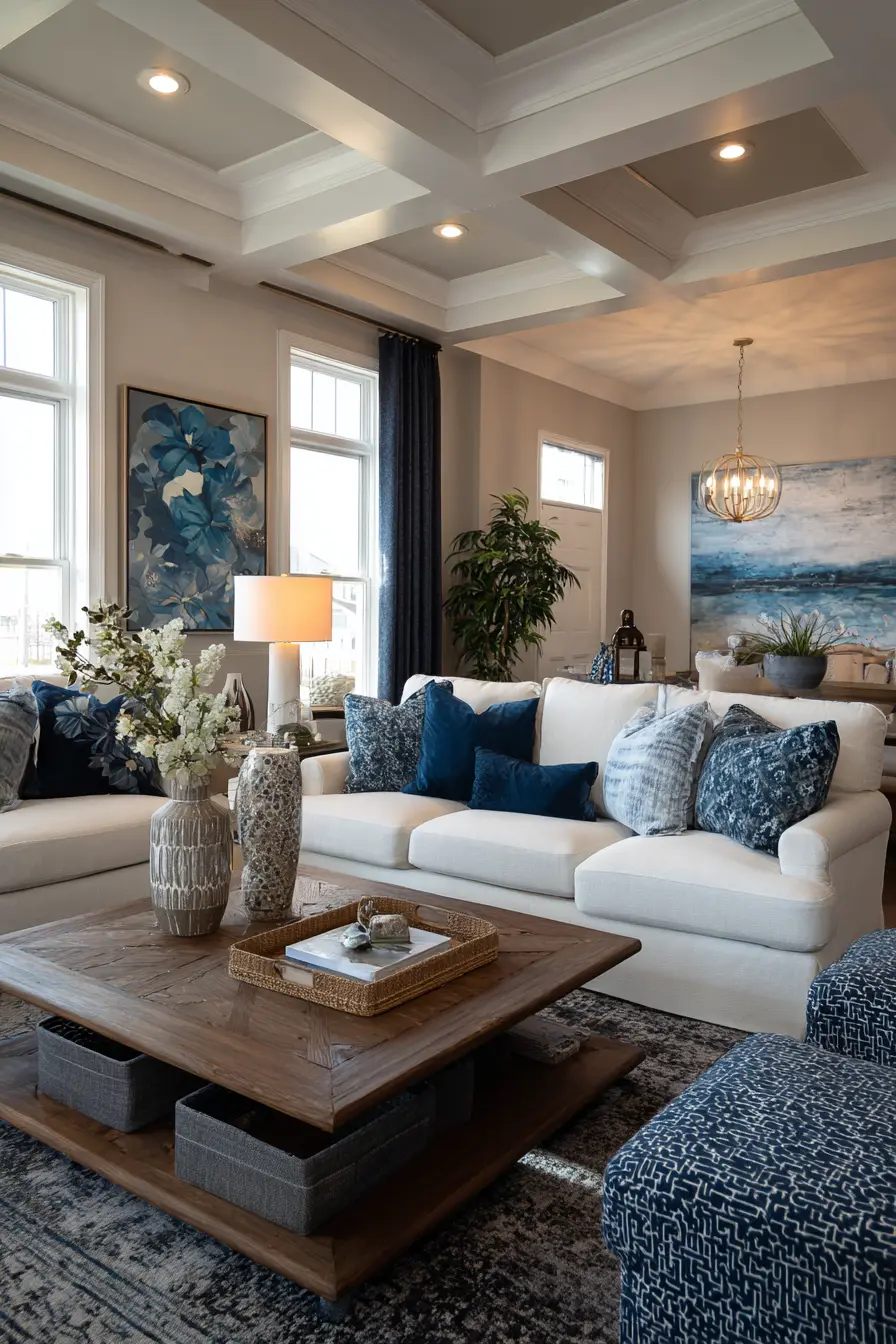 Residential living room designed with blue as a confidence color, structured furniture, neutral palette, blue accents adding depth.