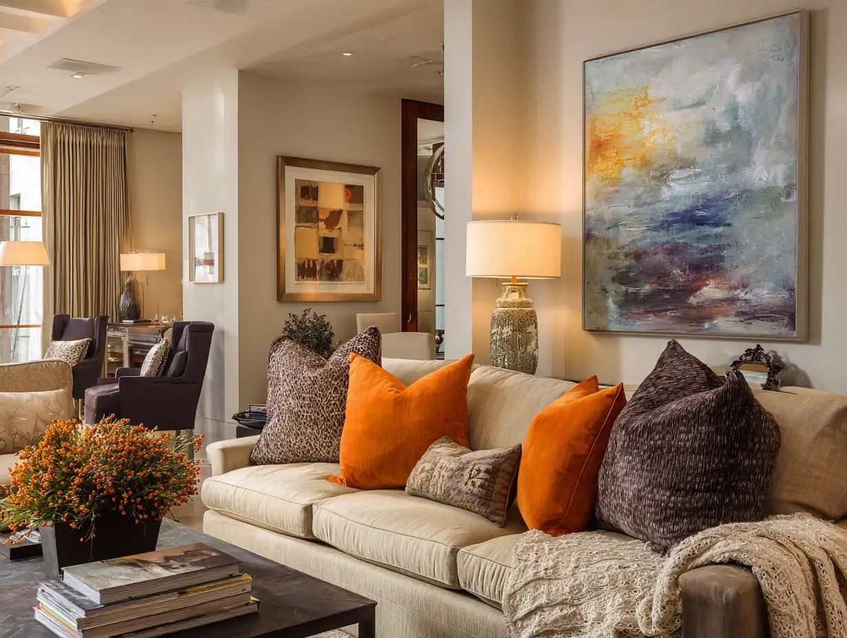 Living room with neutral furniture styled using removable color accents, featuring orange and textured throw pillows, layered art, plants, and warm lighting to add personality without permanent paint.